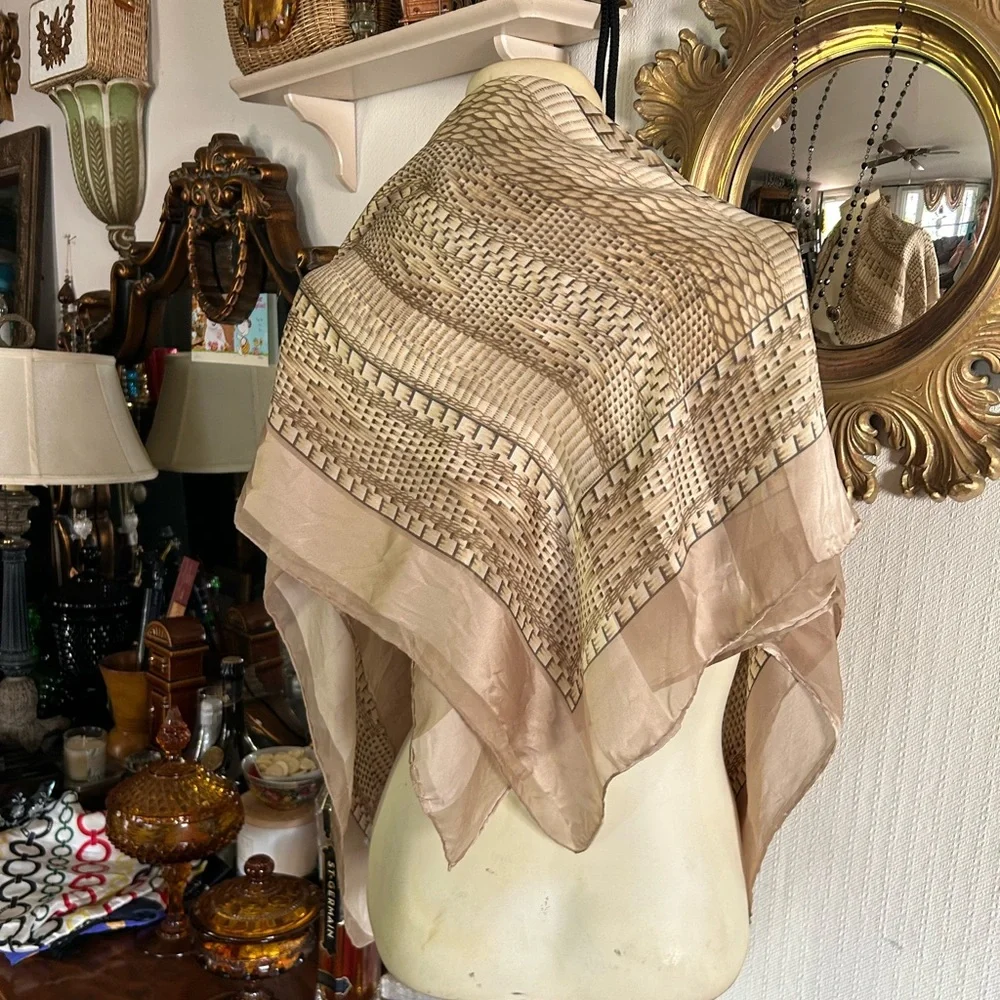 Vintage Tan & Cream Silk Chiffon Scarf